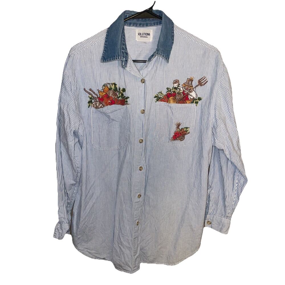Vtg Solutions Striped Denim Collar Shirt Autumn Fall Scarecrow Embroidered Sz L